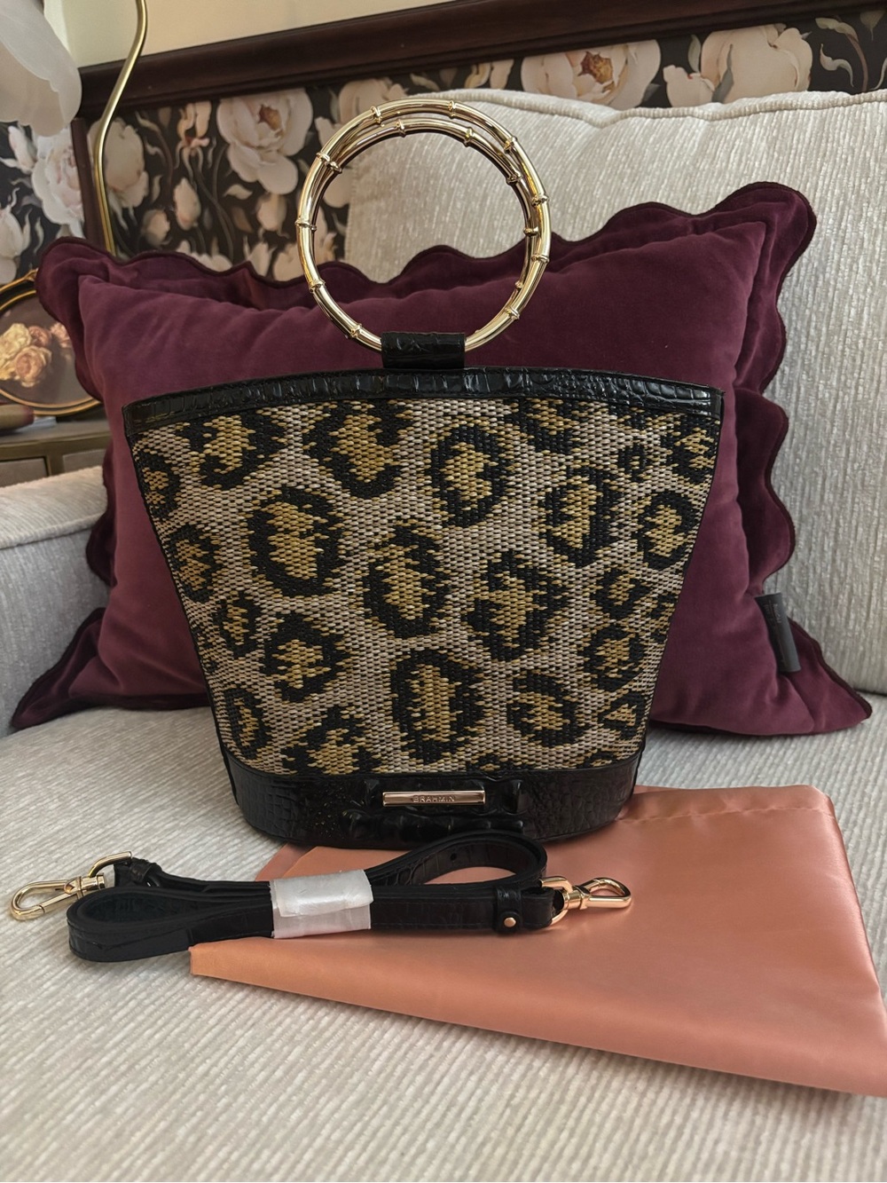 BRAHMIN Mod Bowie Satchel Multi Tybee Leopard Woven Bucket Bag